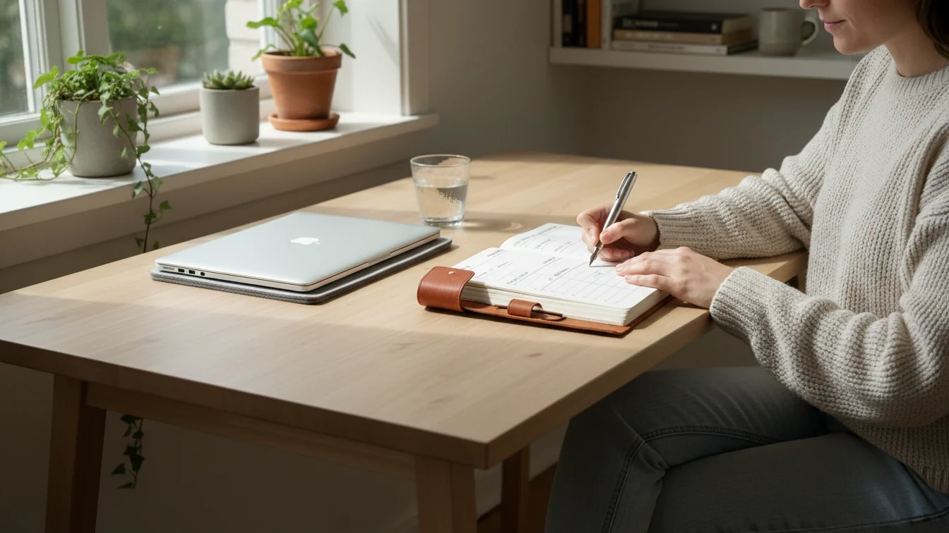 Rolig person ved skrivebord med notesbog og pen der planlægger betting-budget
