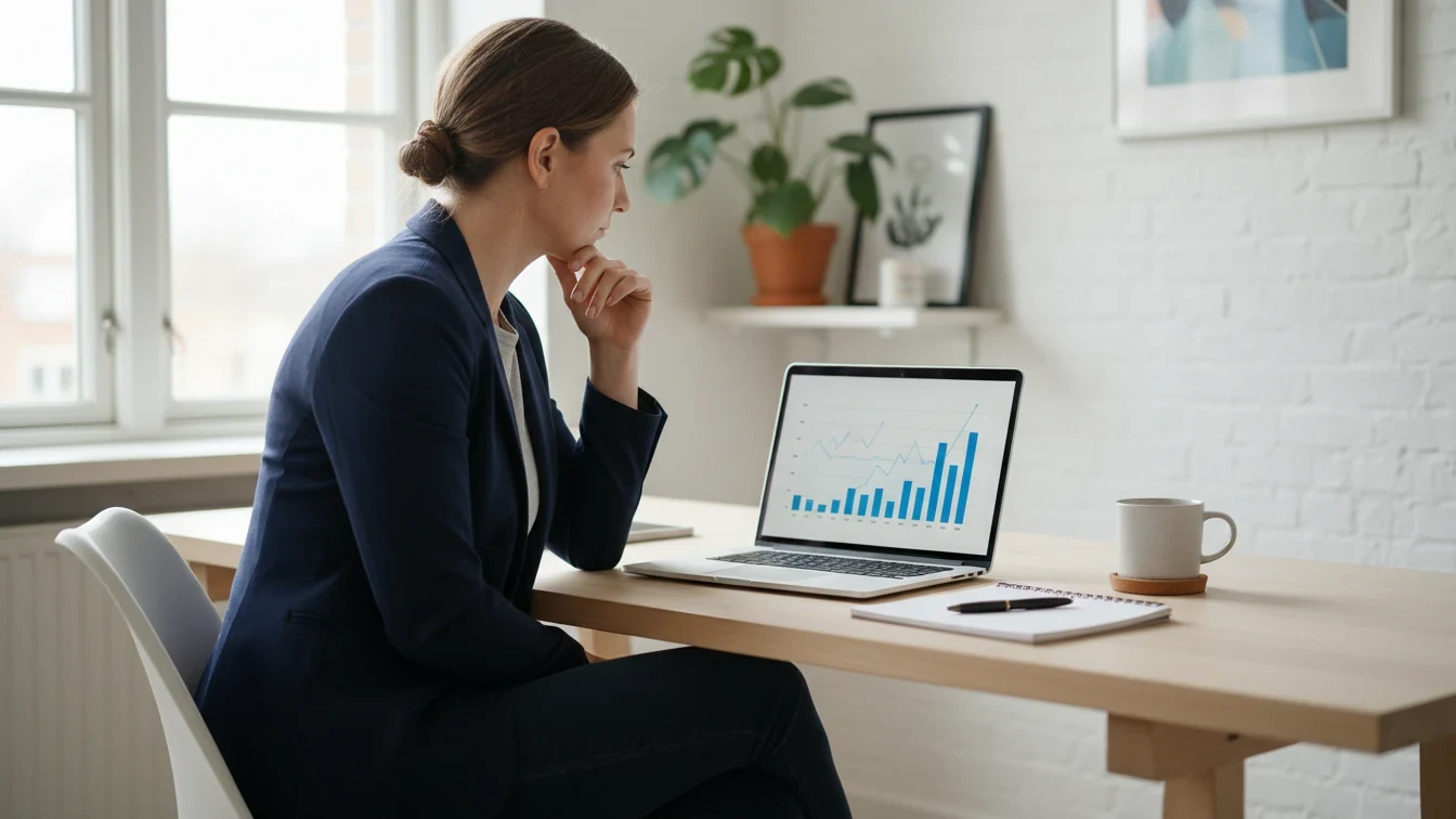 Person der analyserer ishockeystatistikker på en laptop med fokus og koncentration