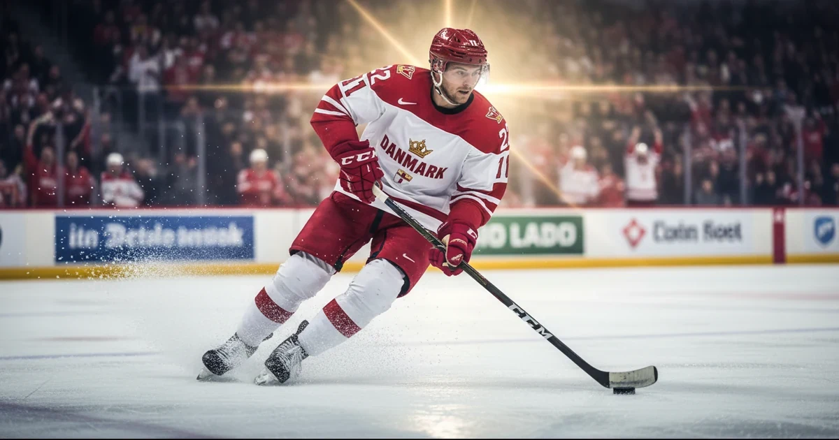 Dansk ishockeyspiller i aktion på isen under en intens kamp i Metal Ligaen