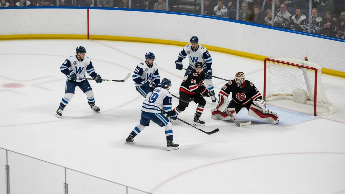 Ishockeyhold i offensiv zone med intenst pres mod modstanderens mål
