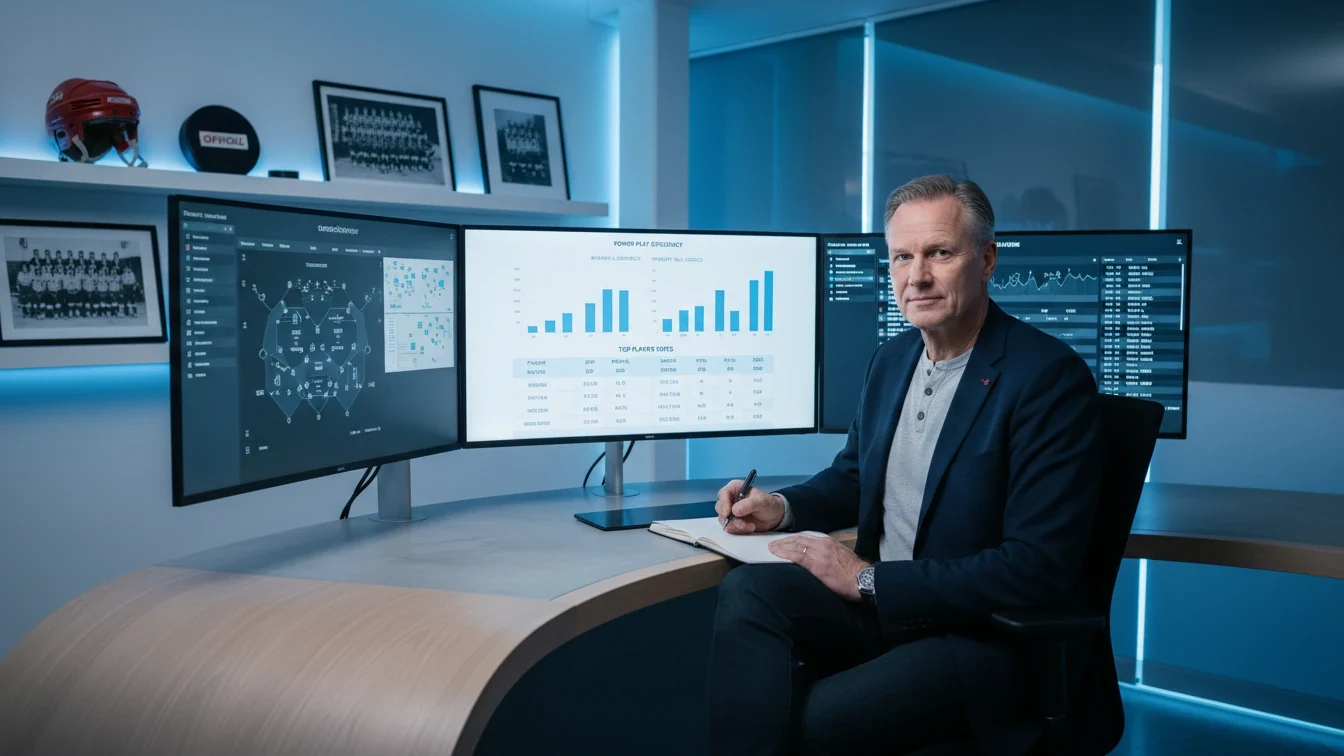Ishockey analytiker studerer kampstatistik og holddata på skærm