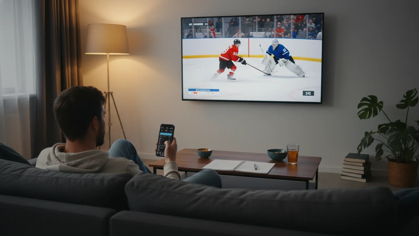 Person der forbereder sig til live betting med noter og skærm der viser ishockeykamp