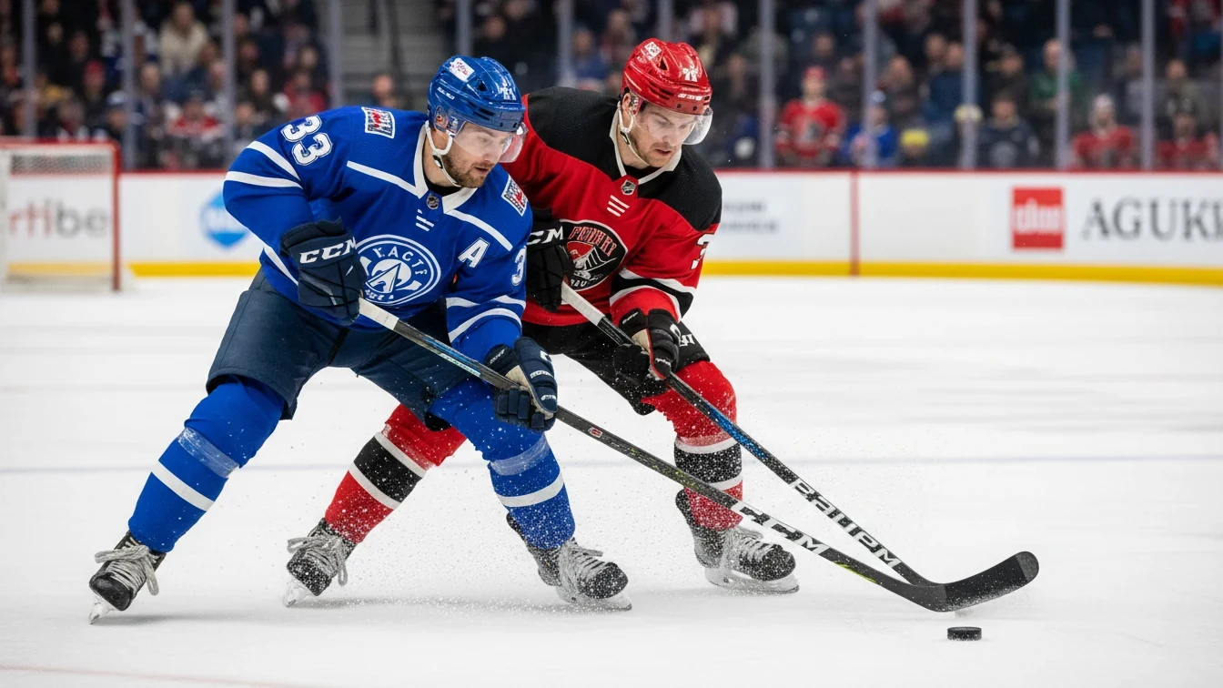 Ishockeyspillere i intens kamp med fokus på pucken