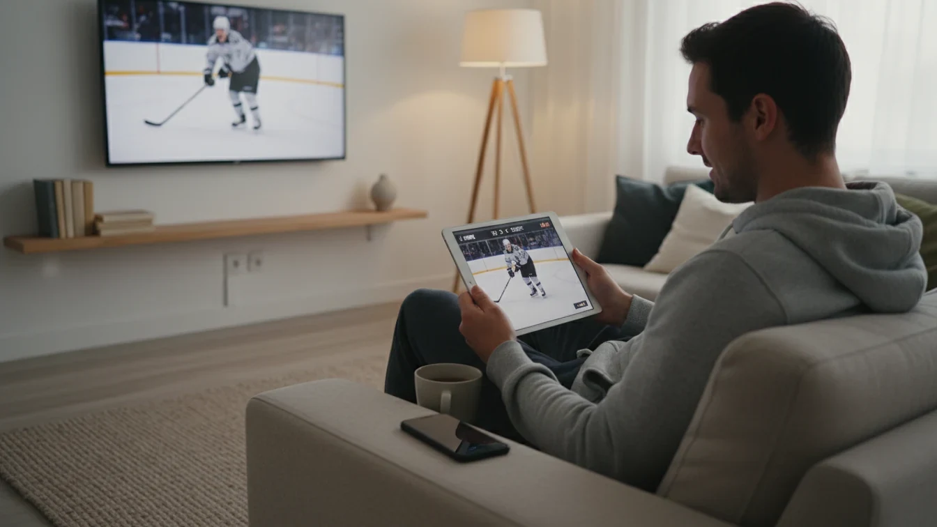 Person følger ishockeykamp live på tablet mens de placerer væddemål