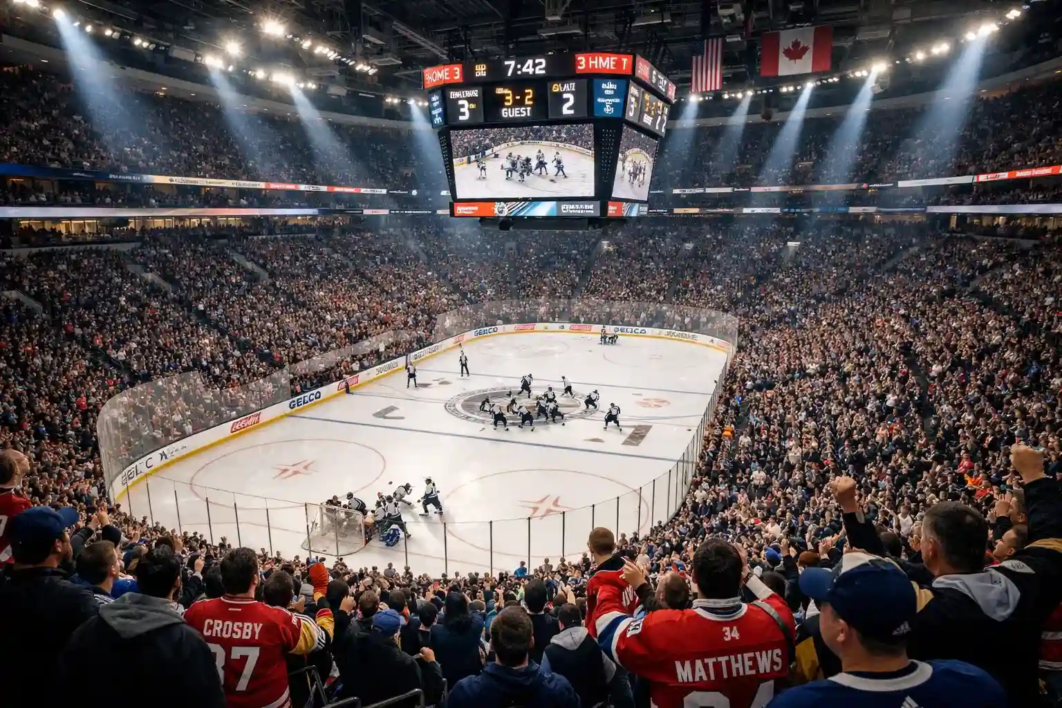 NHL Arena Stemning Fyldt NHL-arena med intenst lys og spændende ishockeykamp i gang