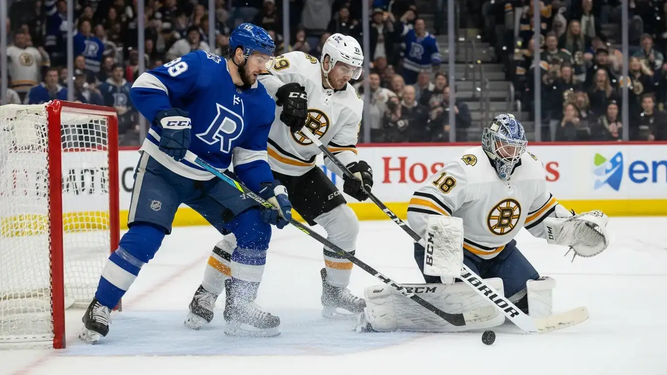 NHL Playoff Intensitet Intens NHL playoff-kamp med spillere i nærkamp foran målet