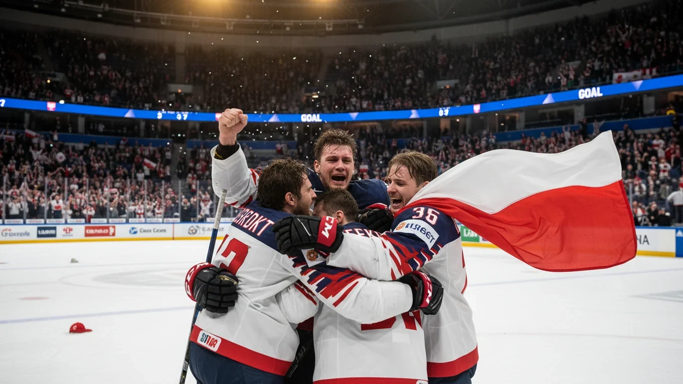 National Ishockey Stolthed Ishockeyspillere fejrer sejr med nationalflag efter vigtig VM-kamp